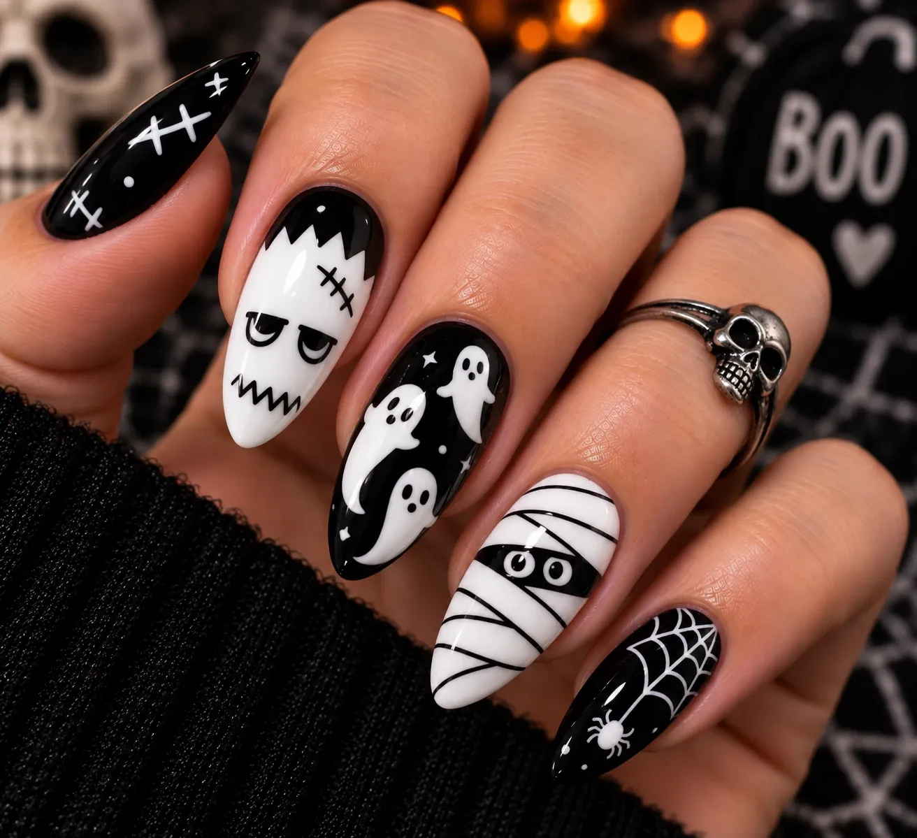 Black-and-white monster mix Halloween nails