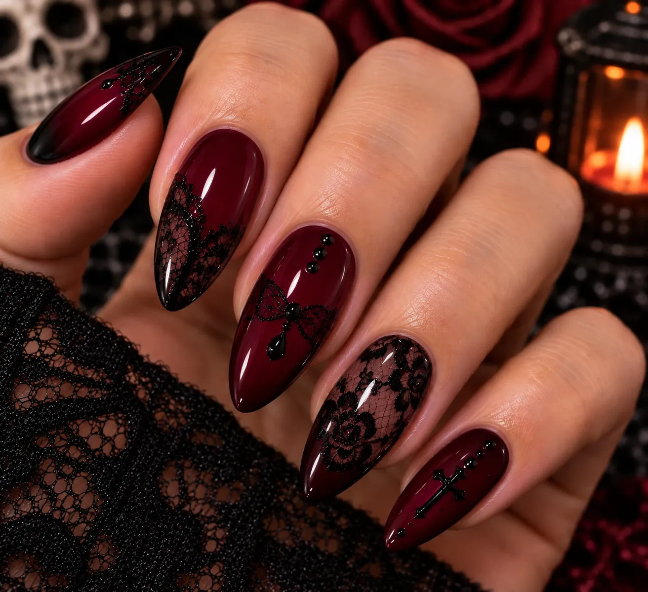 Burgundy Halloween nails with black lace details