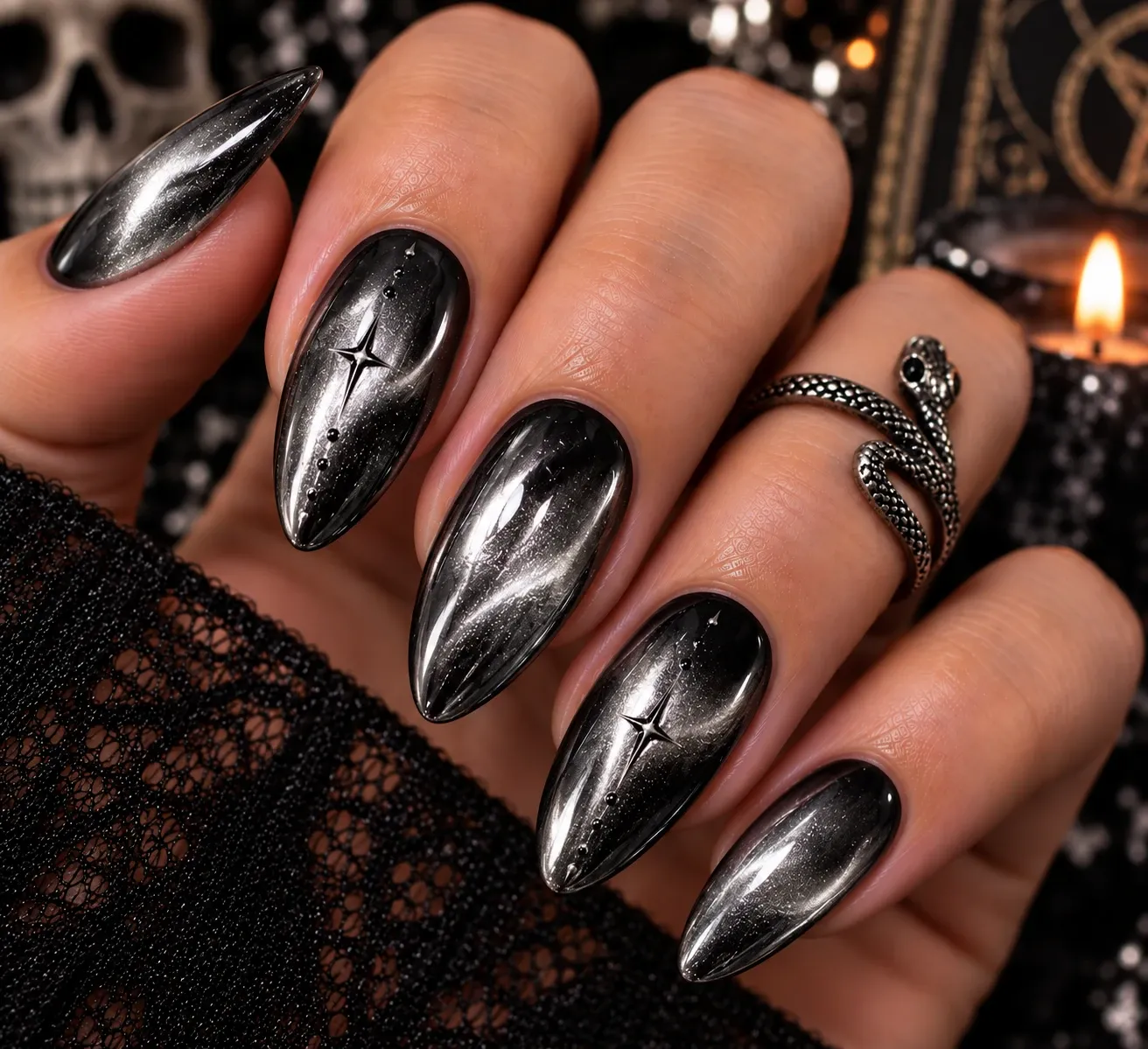 Smoky silver chrome Halloween nails