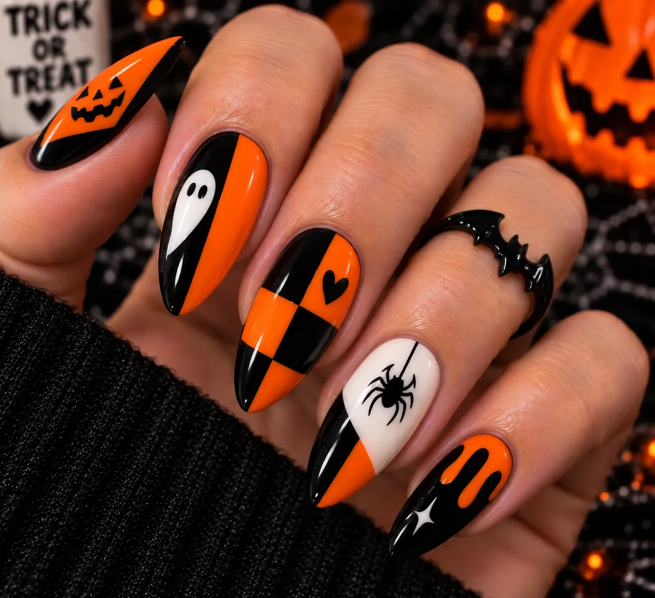 Halloween color-block nails in orange black and purple tones