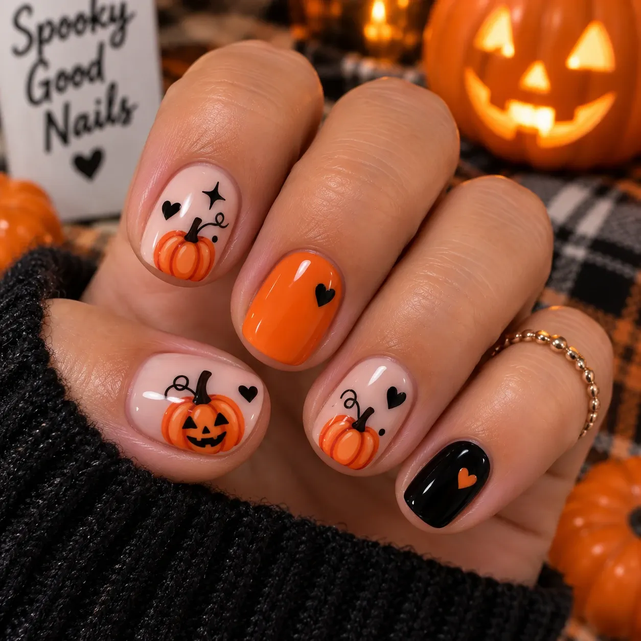 Mini pumpkin Halloween nails for short nails