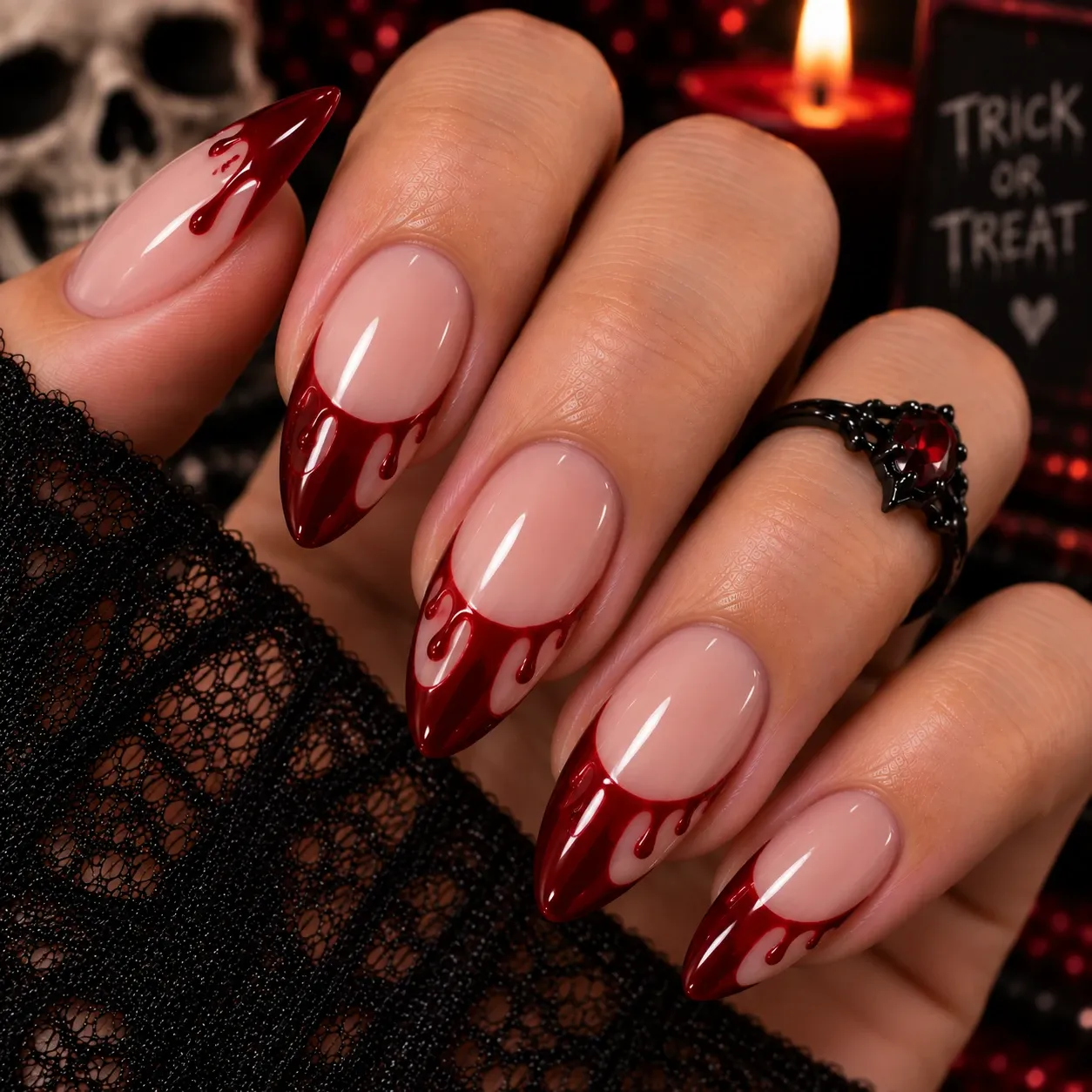 Red drip French manicure for Halloween