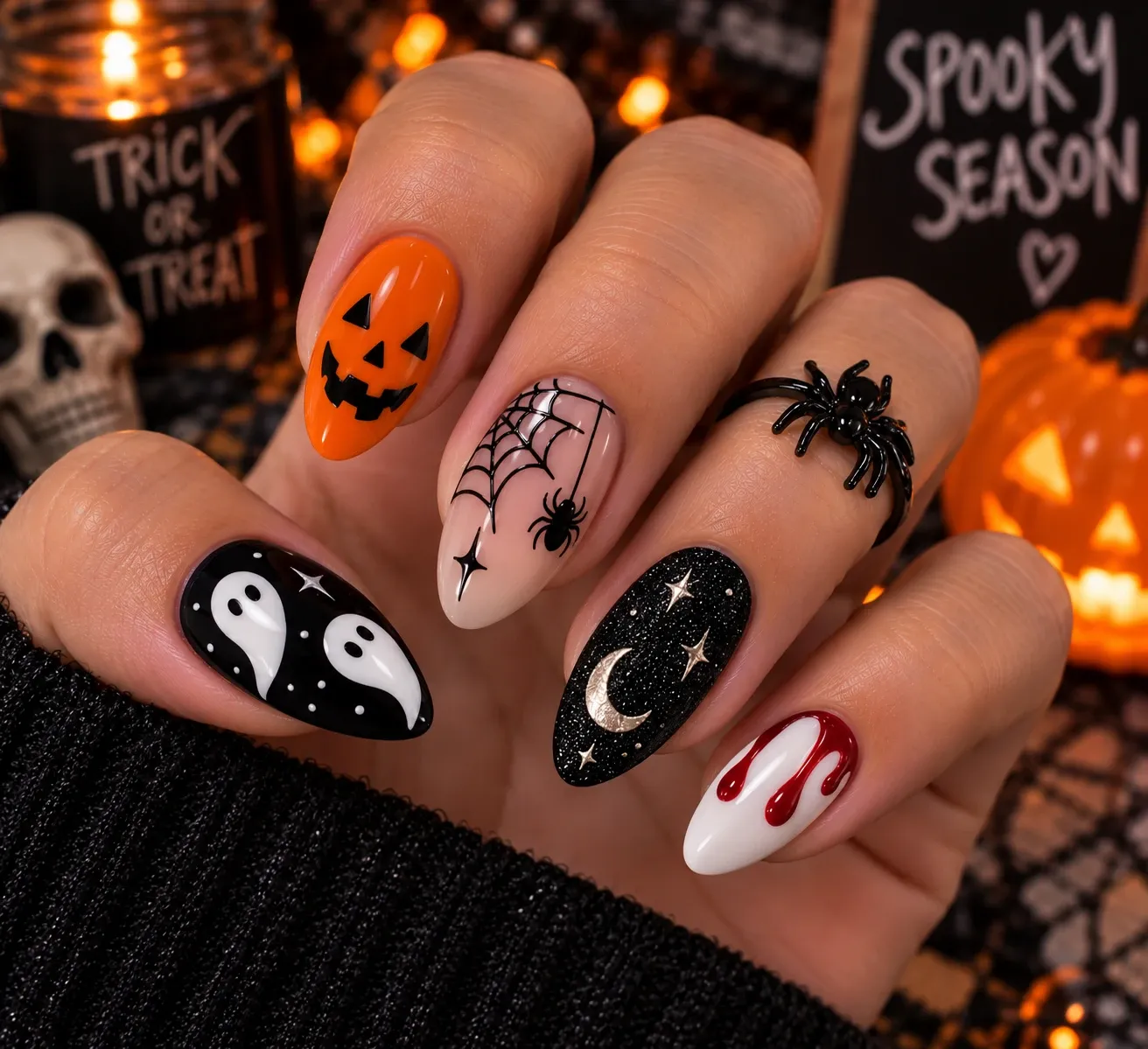 Spooky mismatched Halloween manicure with mixed nail art