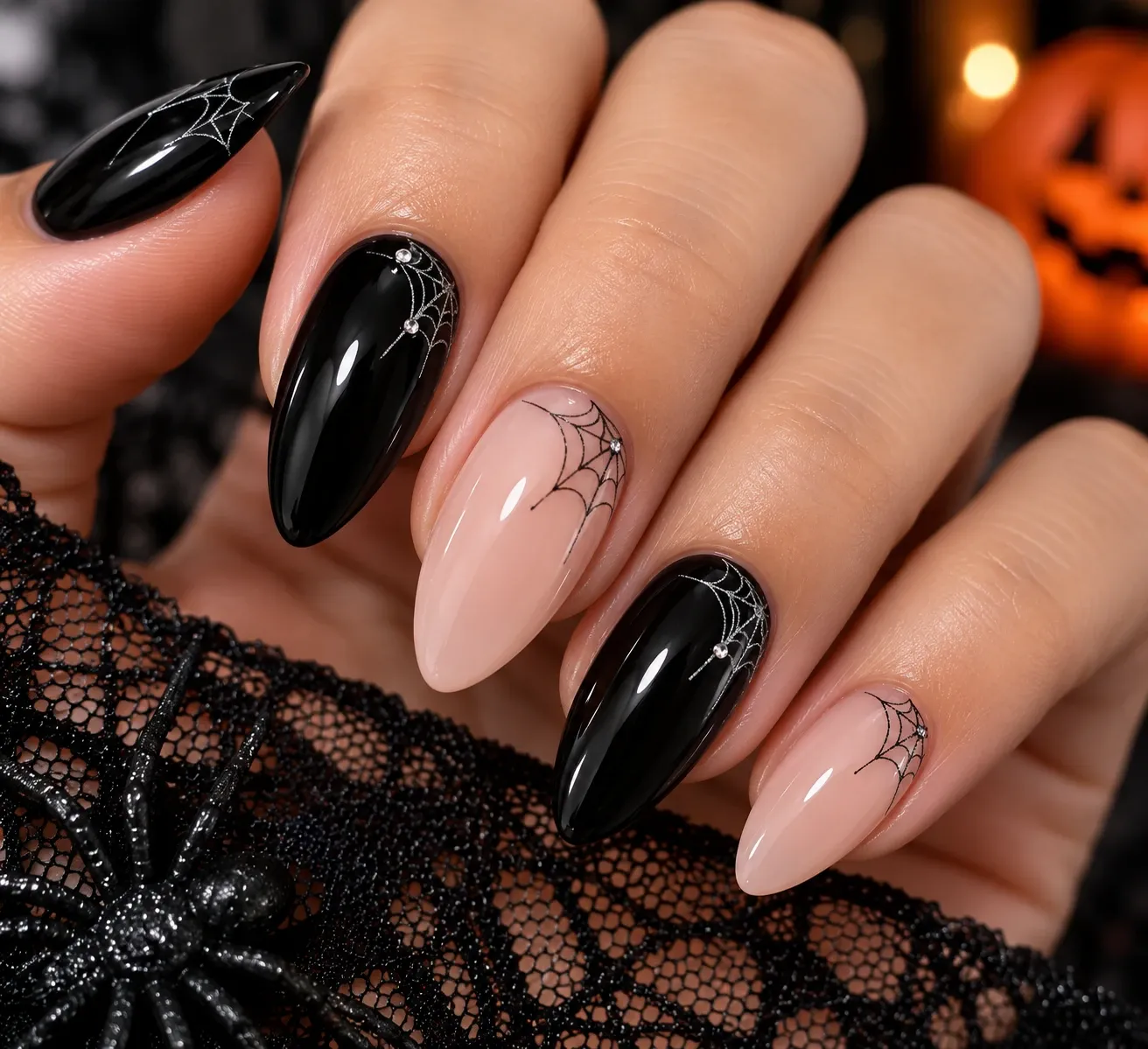 Minimal Halloween nails with delicate micro spiderweb details