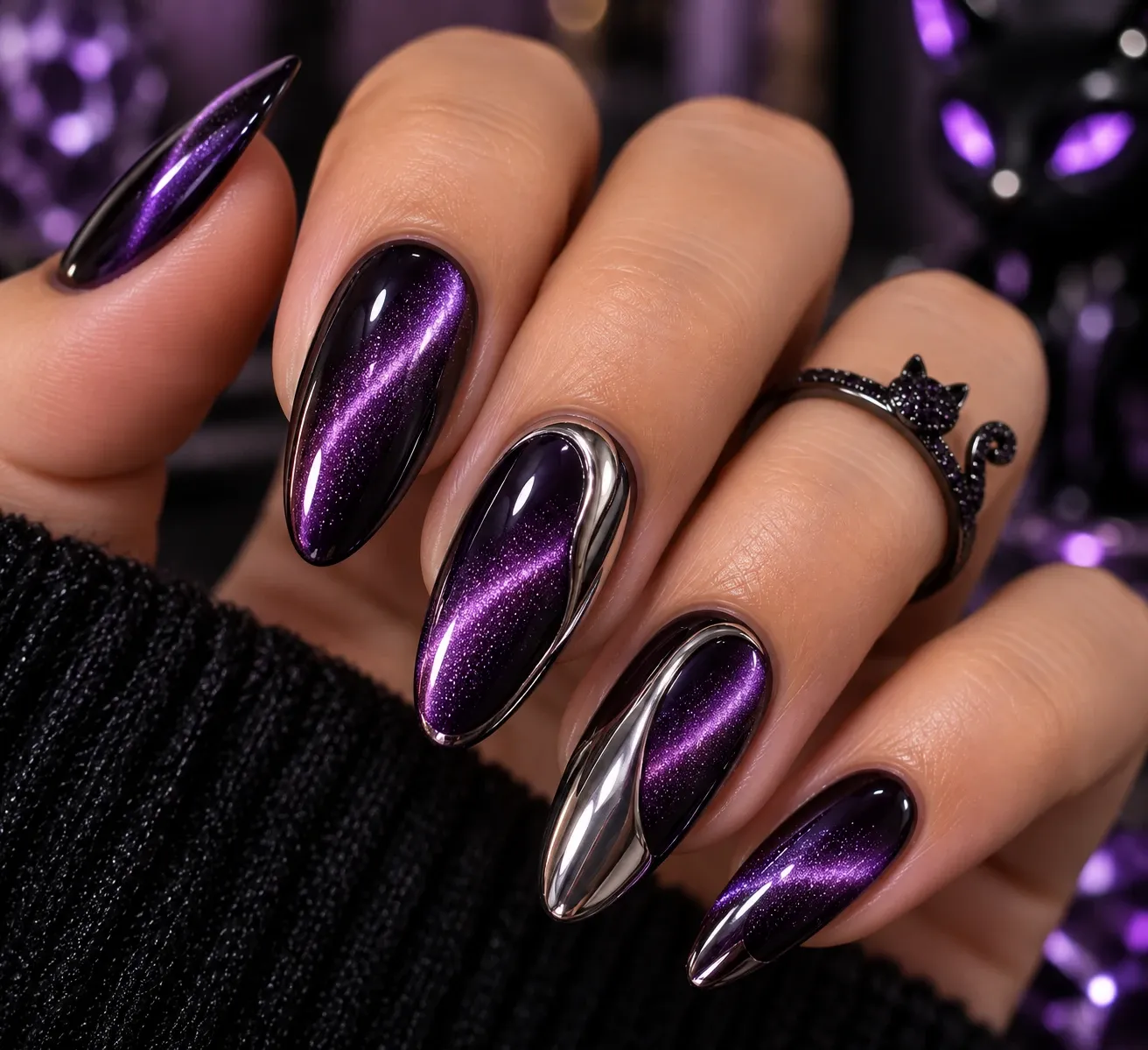Purple cat-eye Halloween nails with chrome shine