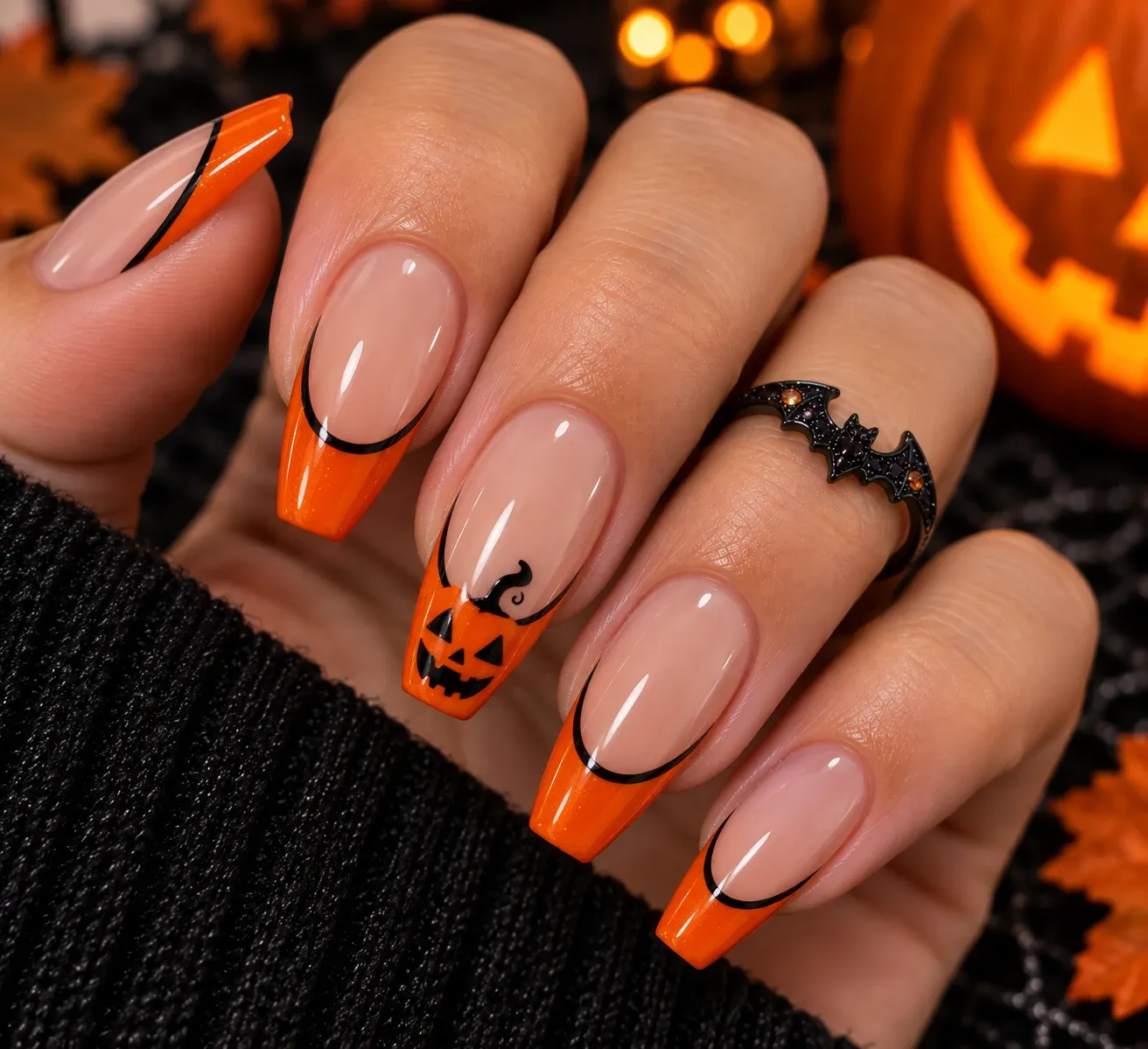 Pumpkin-orange French tip nails for Halloween