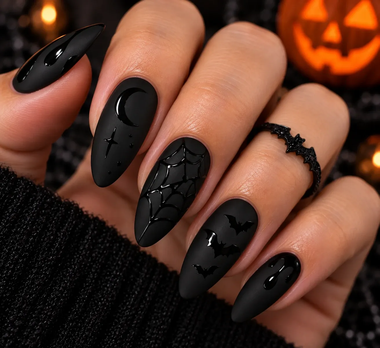 Matte black Halloween nails with glossy details
