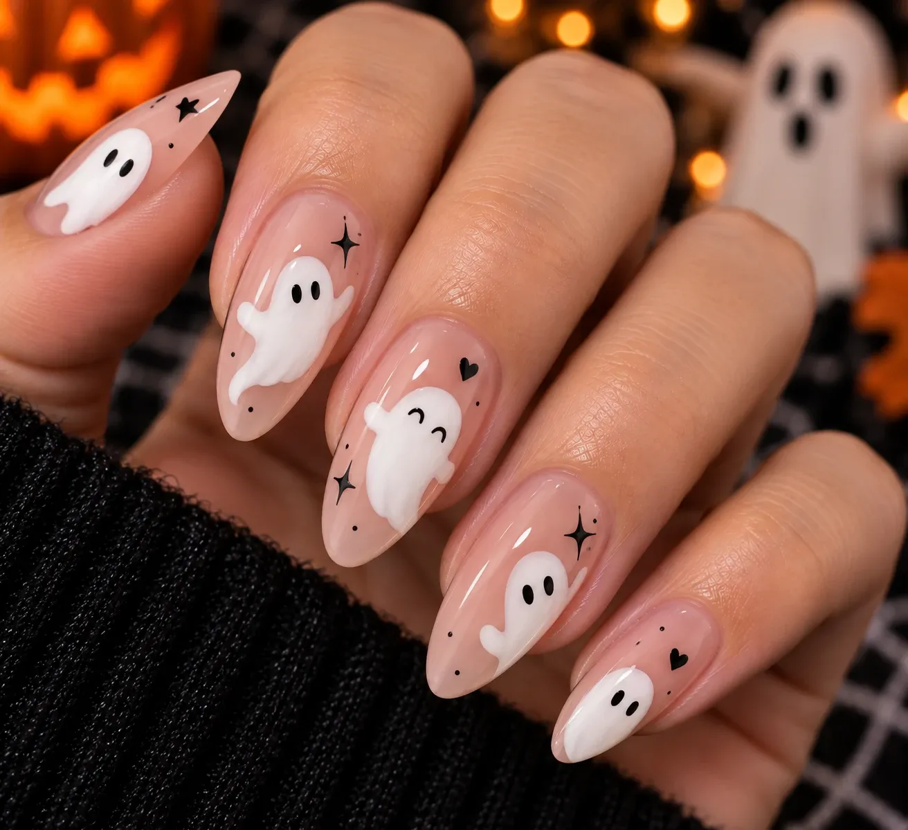 Friendly ghost Halloween nails on a nude base
