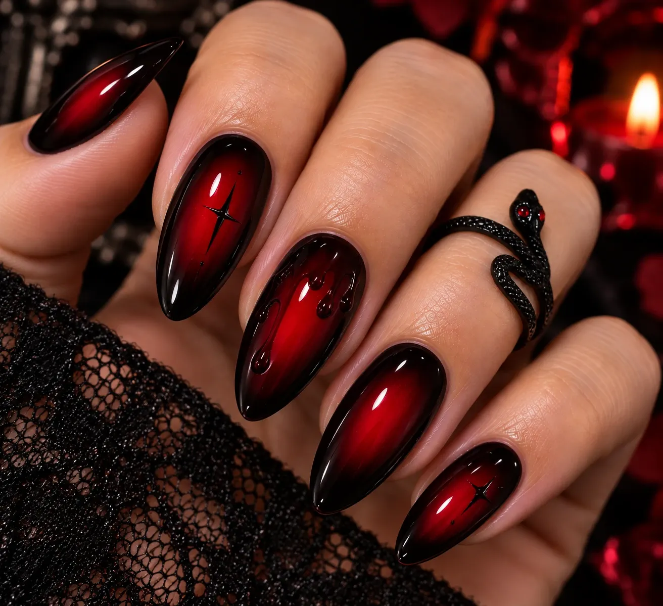 Blood-red aura Halloween nails with a smoky finish