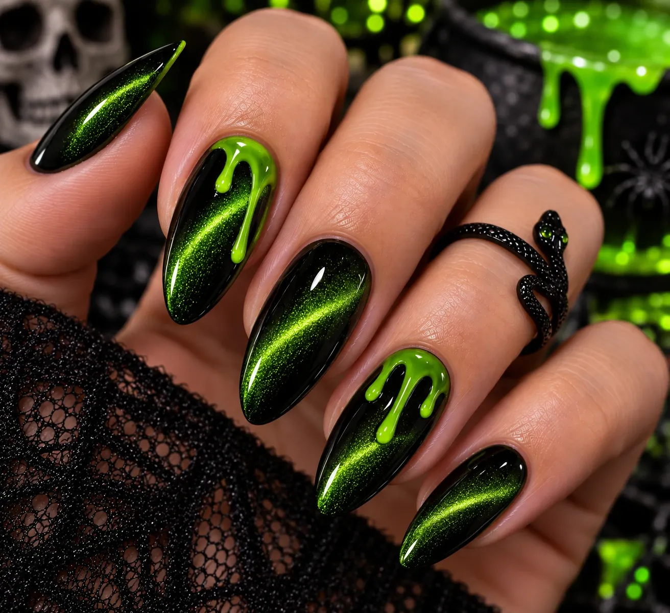 Slime-green cat-eye Halloween nails with a magnetic effect