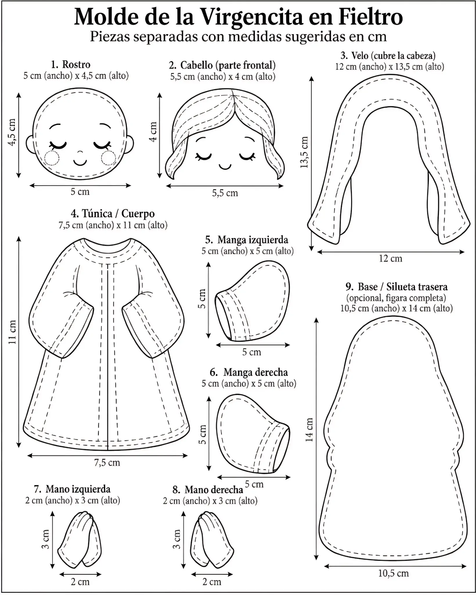 Mary felt doll pattern with face hair veil tunic sleeves and hands