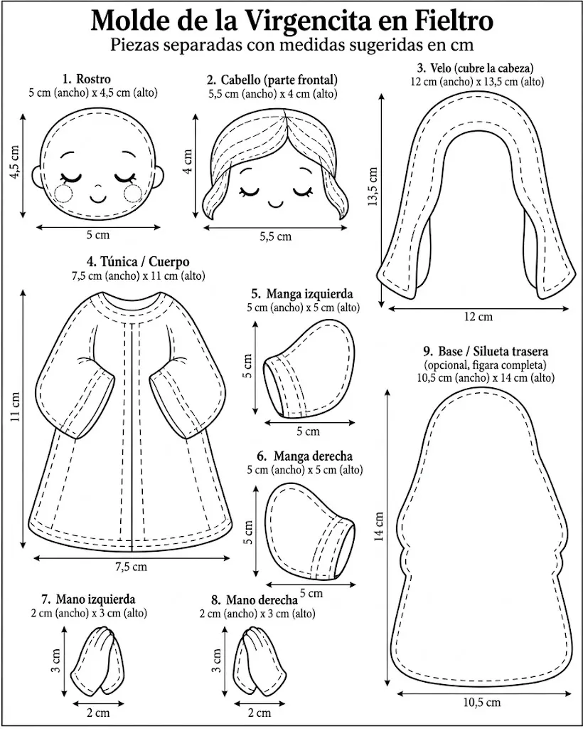 Mary felt doll pattern with face hair veil tunic sleeves and hands