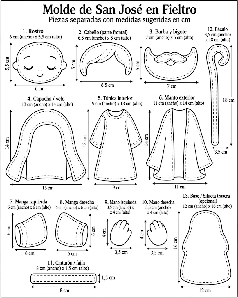 Saint Joseph felt doll pattern with face beard clothing hands and staff