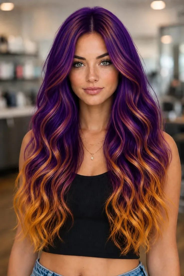 Rich violet through the upper lengths, fading into copper on long, softly tapered layers with loose s-waves