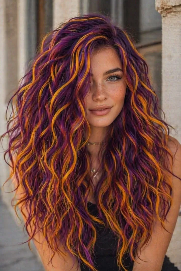 Violet and plum with orange statement highlights on long, tousled layers that allow natural wave or curl to show