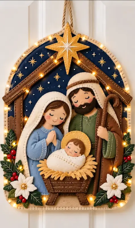 Finished handmade felt nativity scene with Mary Joseph baby Jesus gold star flowers and LED lights