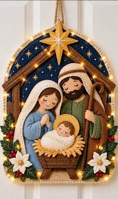 Finished handmade felt nativity scene with Mary Joseph baby Jesus gold star flowers and LED lights