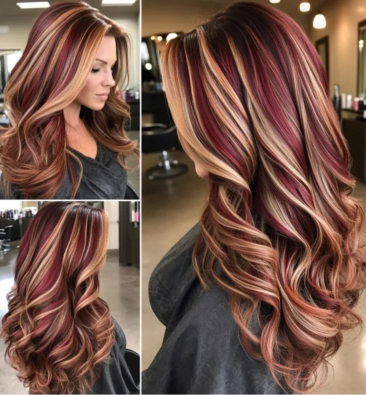 Rose-brown base with blonde and warm caramel ribbons on long rounded layers with a bouncy blowout
