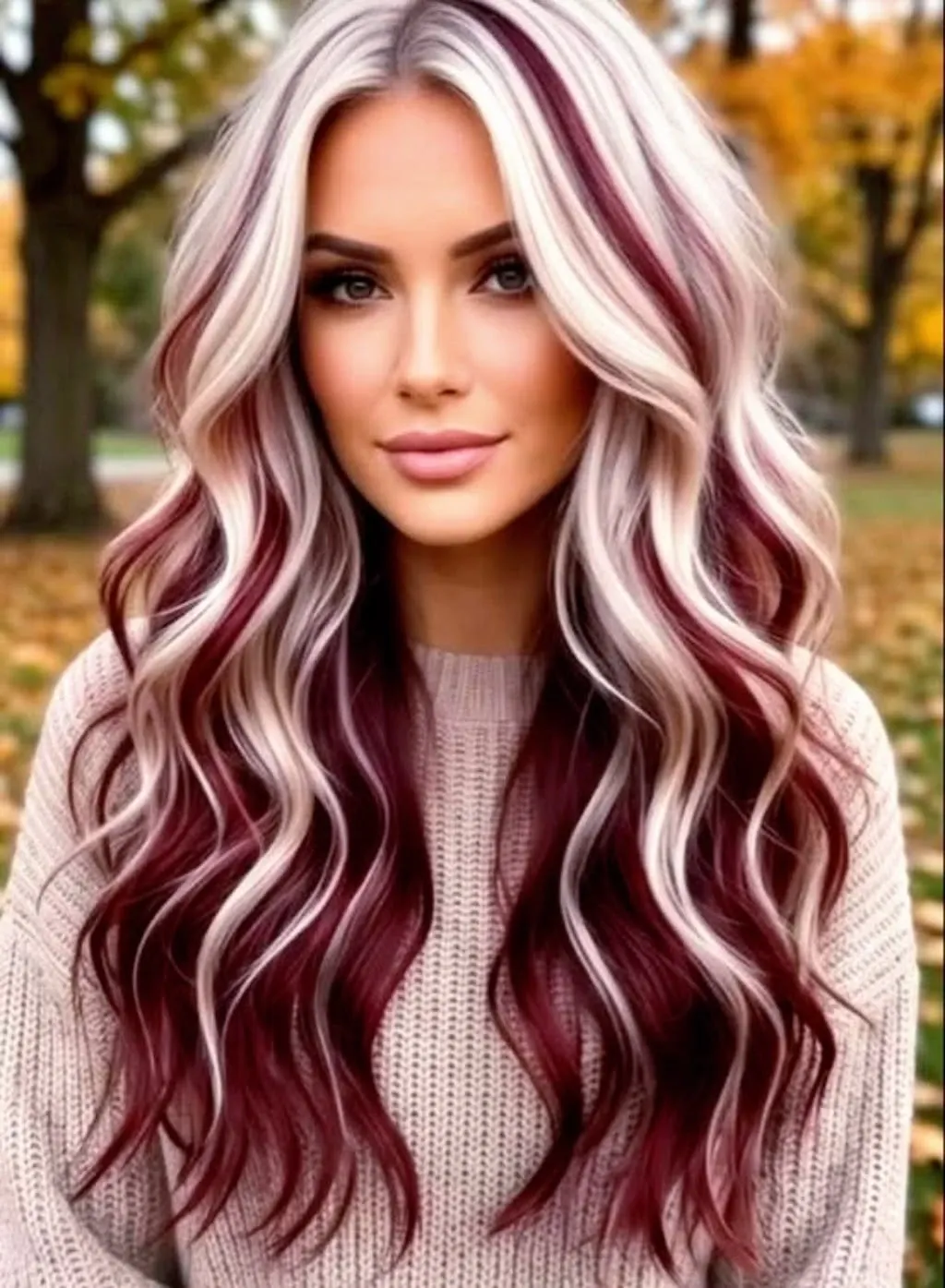Burgundy or wine red with cream-blonde pieces on long, loose waves with gradual face-framing layers