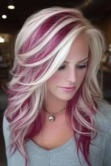 Pale blonde, soft pink and berry-purple accent sections on long feathered layers with a side-swept fringe