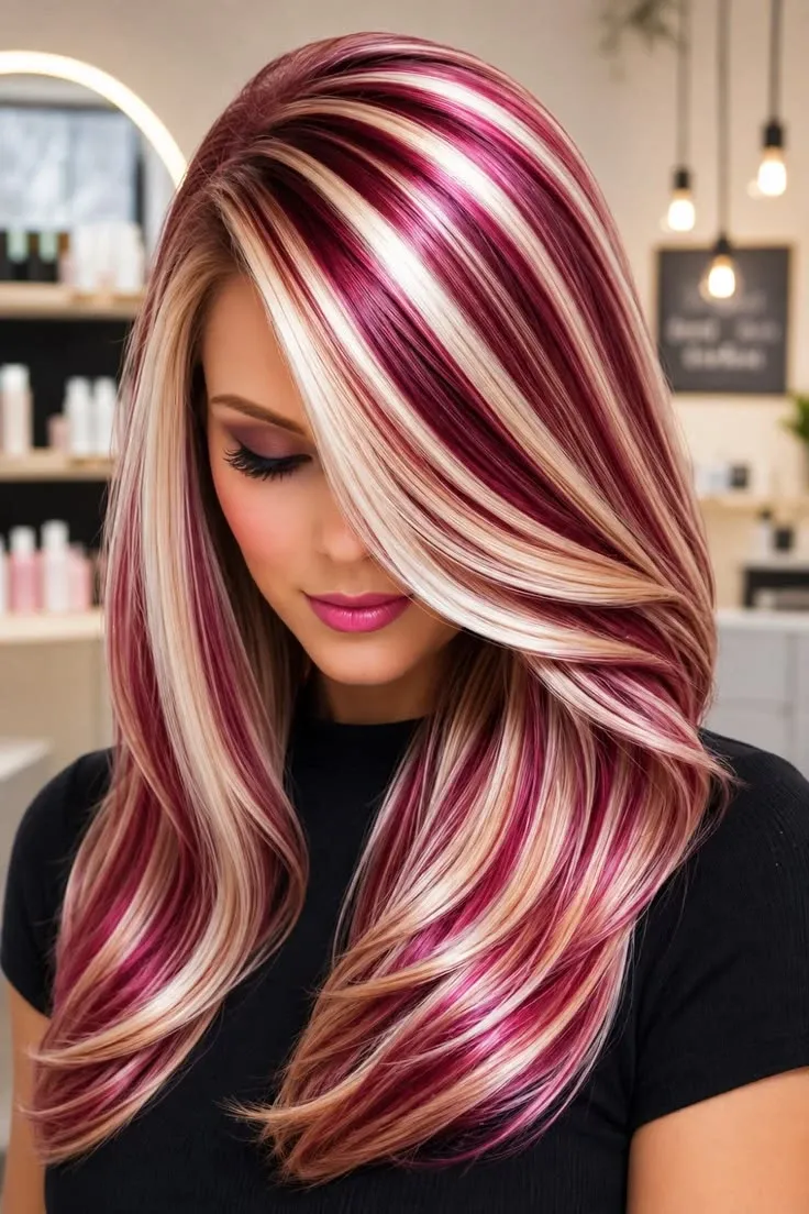 Raspberry, deep rose and champagne-blonde ribbons on a long lob with sweeping front layers and curled-under ends