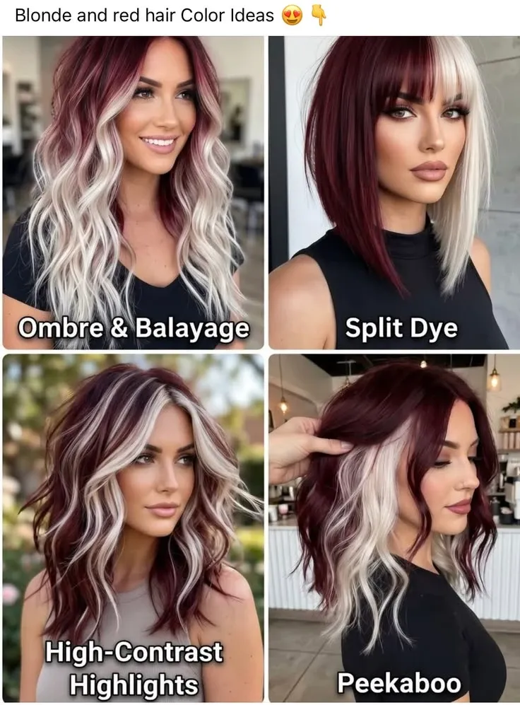 Burgundy red and pale blonde in four color placements, from long waves to shoulder-length hair