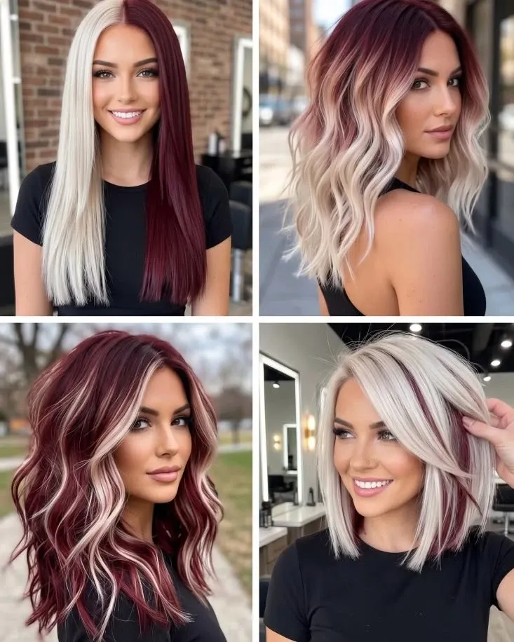 Burgundy and icy blonde with soft rose transitions on straight long hair, shoulder-length waves and shorter layered cuts
