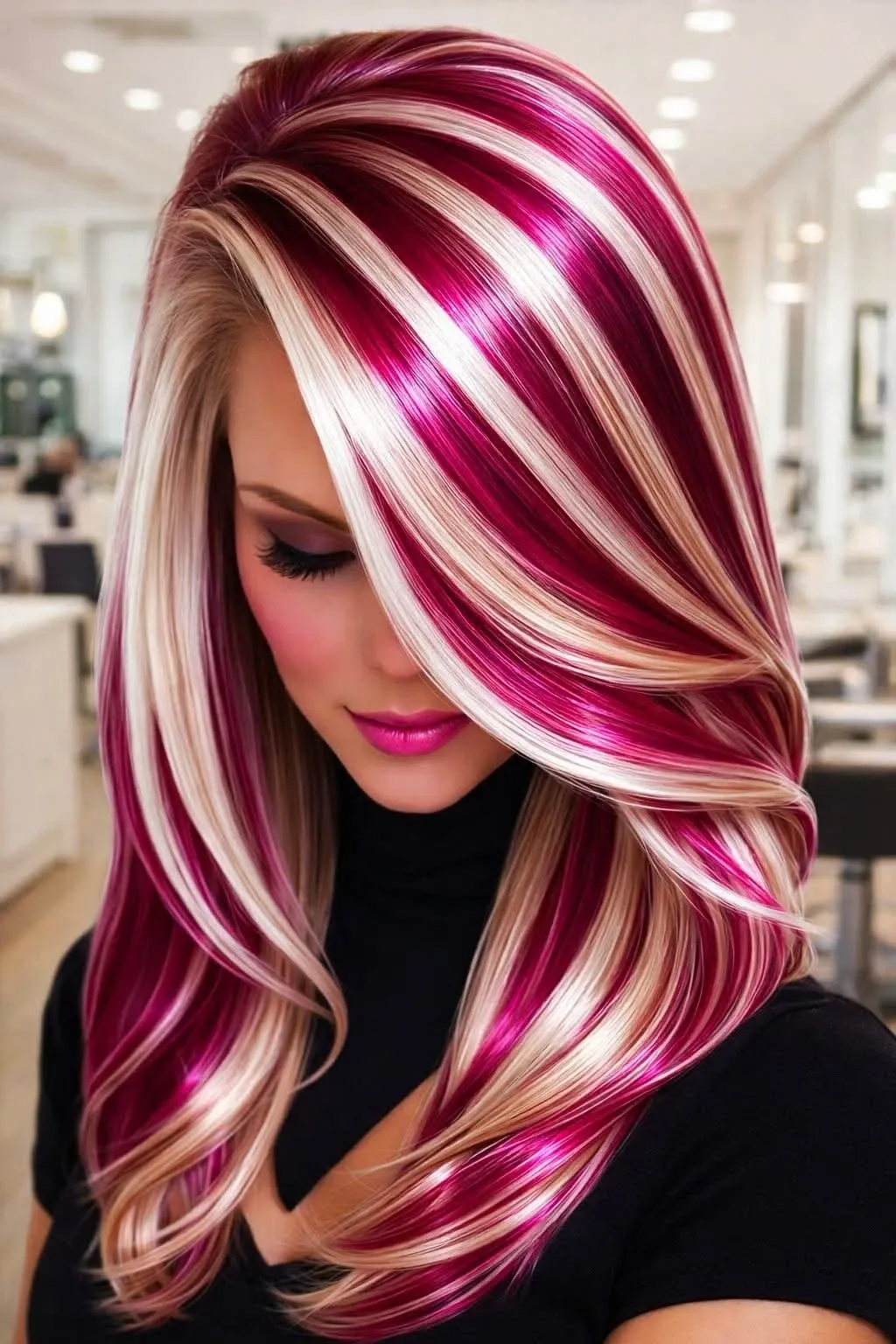 Vivid pink-red, cream blonde and a dark root base on angled long bob with a deep side part and curled-under ends