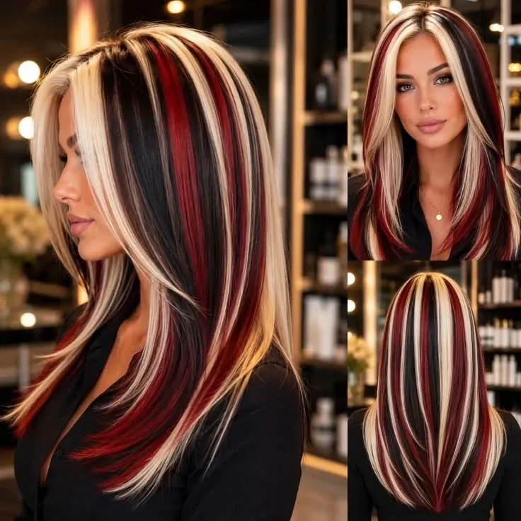 Dark brunette, blonde and black-cherry panels on long layered cut with face-framing movement and soft volume