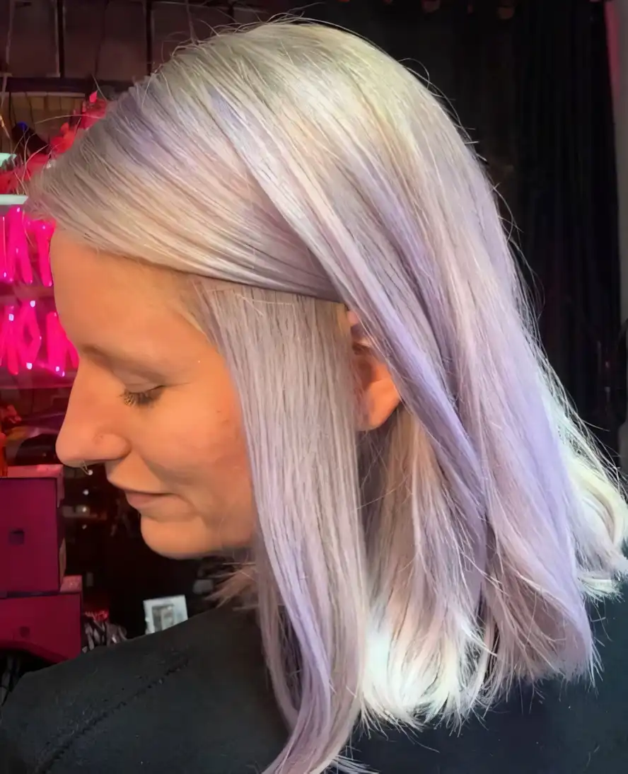 Platinum blonde medium hair with soft lavender streaks