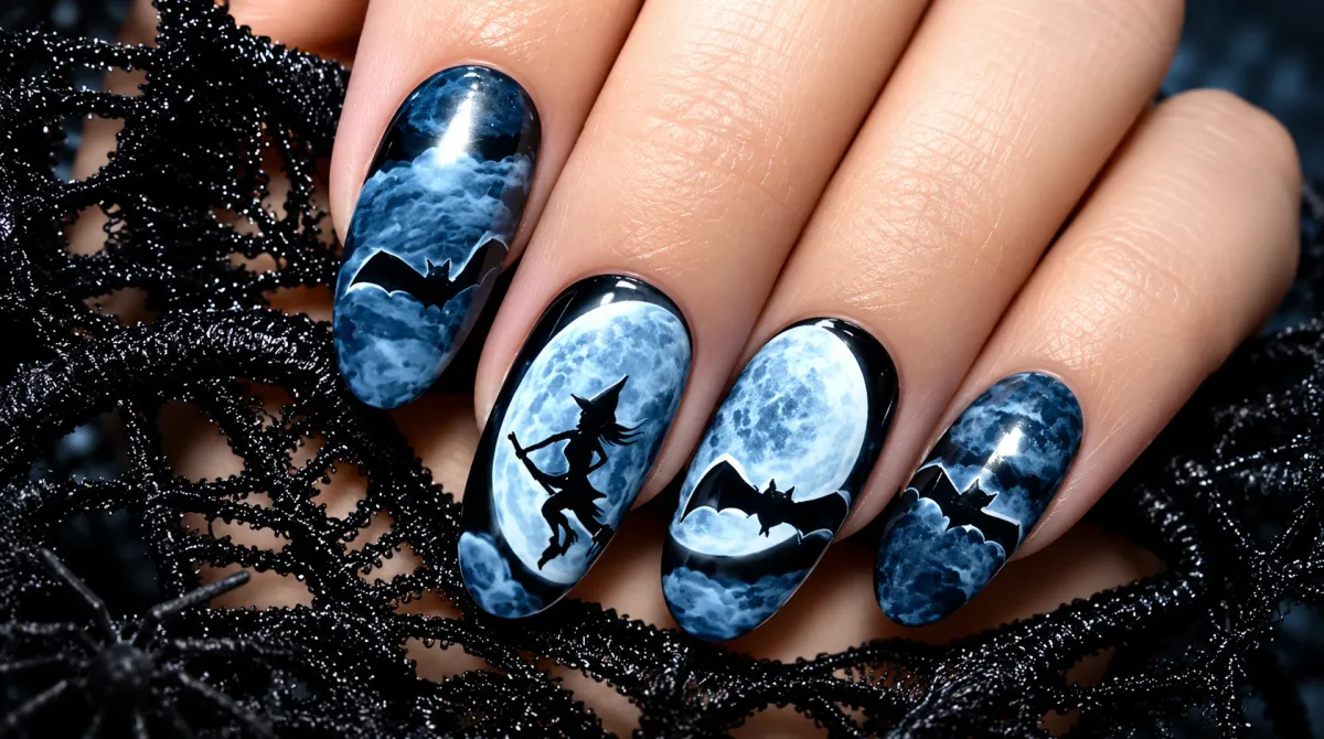 Halloween nail designs with bats moon and dark blue nail art